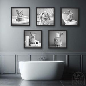 Funny Bunny Rabbit Bathroom Wall Art Bundle – 5 Cute & Quirky Bunny Prints, Bunny in Bathrobe, on Toilet, with Toilet Paper –Printable Decor