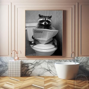 Funny Raccoon Bathroom Art, Raccoon on Toilet Print, Quirky Animal Wall Decor, Humorous Digital Download, Farmhouse Bathroom Art Raccoon Art