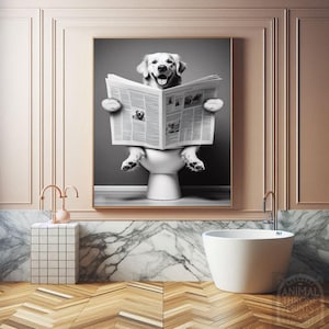 Funny Golden Retriever Bathroom Art – Golden Retriever on Toilet Reading Newspaper – Humorous Dog Wall Decor – Quirky Bathroom Digital Print