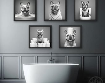 May include: A set of five black and white framed prints featuring a French bulldog in various humorous situations. The dog is wearing a bathrobe, sitting on a toilet, and surrounded by toilet paper rolls.