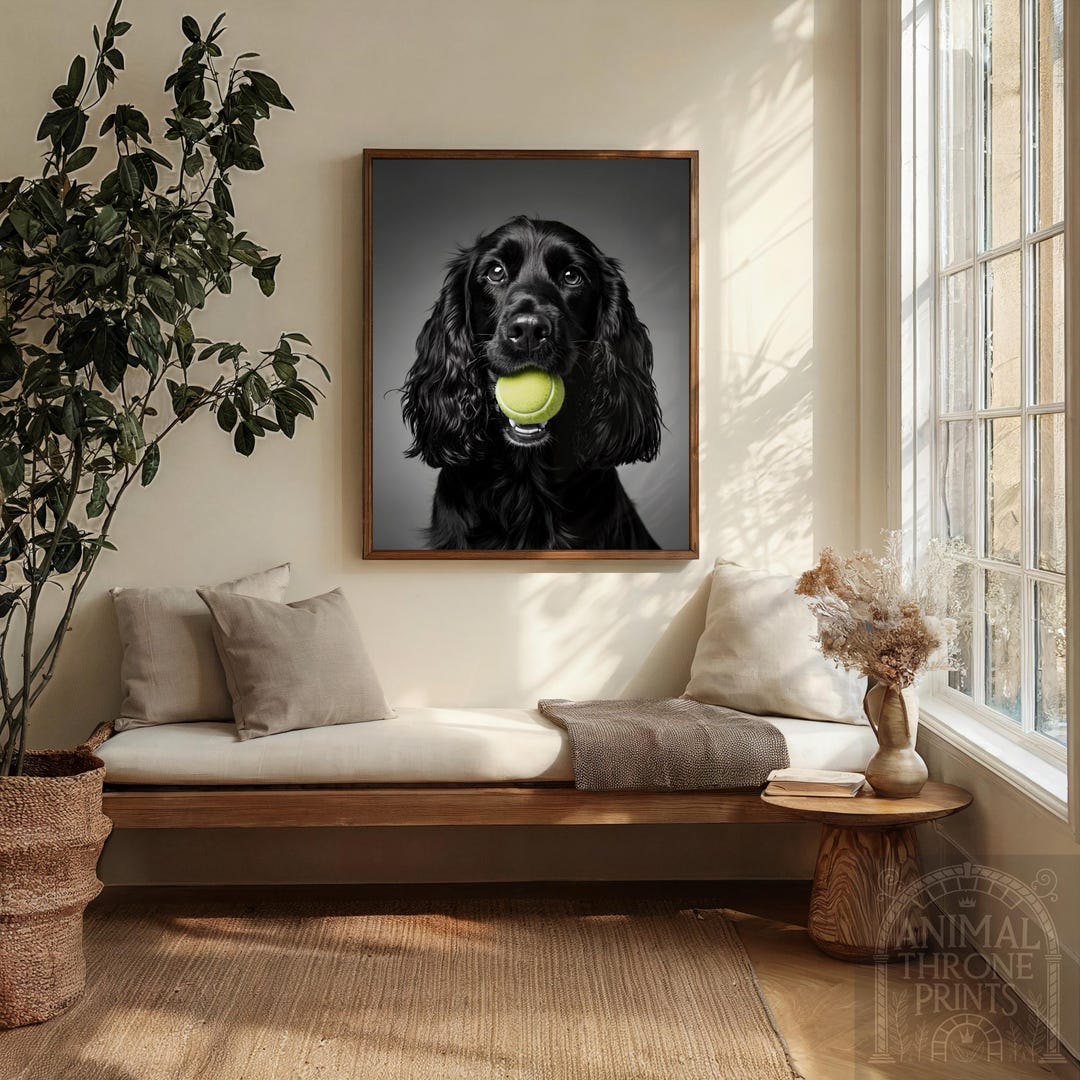Playful Black Cocker Spaniel Wall Art – Dog With Tennis Ball – Funny ...