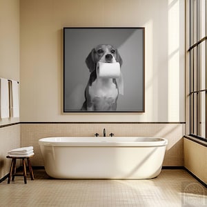 Funny Beagle Bathroom Wall Art – Beagle Holding Toilet Paper – Hilarious Dog Bathroom Decor – Printable Pet Wall Art Digital Download