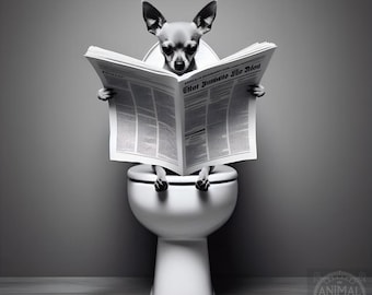 May include: Black and white image of a small dog sitting on a toilet, reading a newspaper. The dog is centered in the frame, with the newspaper held up in front of it. The toilet is white, and the background is a solid gray.