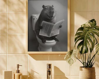 Capybara Restroom Art Toilet Print: Reading Newspaper, Quirky Bathroom Art (Digital Download)