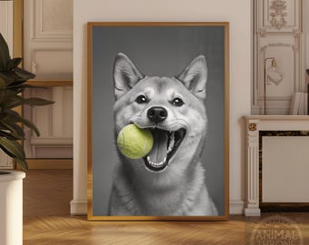 テニスボールを持つ柴犬 – かわいい犬のウォールアート – 犬好きのための遊び心のあるペットプリント – デジタルダウンロードポスターデコレーション