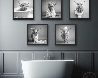 Funny Highland Cow Bathroom Art Prints: Farmhouse Animal Decor (Digital Download)