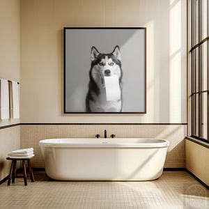 Funny Husky Bathroom Wall Art – Husky Holding Toilet Paper – Hilarious Dog Wall Decor – Pet Art Digital Download - Husky Themed Home Decor