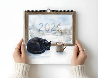 2026 Cat Calendar – Watercolor Black Cat 12 Month Calendar, Christmas Cat Gift, Travel Aesthetic Cat Art Print, Cute Cat Gift Dopamine Decor