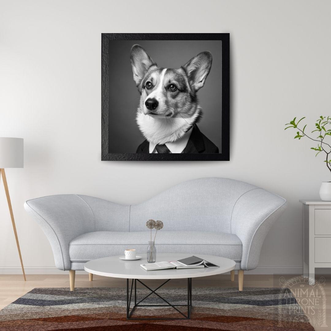 Stylish Corgi Wall Art – Dapper Corgi in Suit – Funny Dog Office