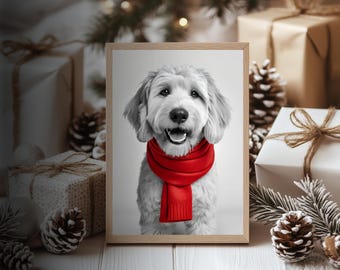 May include: A framed black and white print of a smiling dog wearing a bright red scarf. The dog has light-colored fur and is centered in the frame. The background includes wrapped gifts, pine cones, and greenery, suggesting a holiday theme.