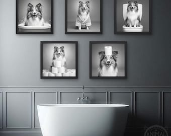 Grappige sheltie badkamer muurkunst bundel van 5 – hond in bad, scènes badjas, toilet en toiletpapier – digitale download prints, schattig huisdierdecor