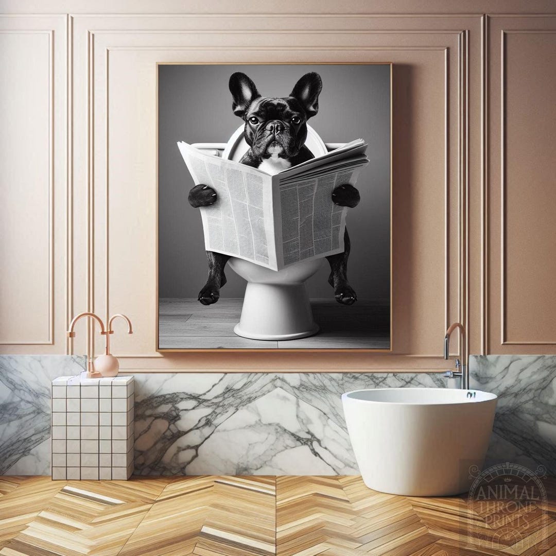 Funny French Bulldog Bathroom Print: Frenchie Reading Newspaper ...