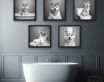 Shiba Inu Bathroom Wall Art – Dog in Bath, Bathrobe, Toilet & Toilet Paper Scenes – Digital Download Prints, Funny Pet Home Decor