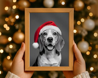 Beagle Christmas Art: Santa Hat Dog Print (Digital Download
