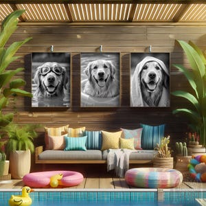 May include: Three framed black and white dog portraits hang above a wooden outdoor sofa with colorful pillows. A pool with a yellow duck float and pink inflatable rings is in the foreground. Plants and a wooden pergola complete the scene.