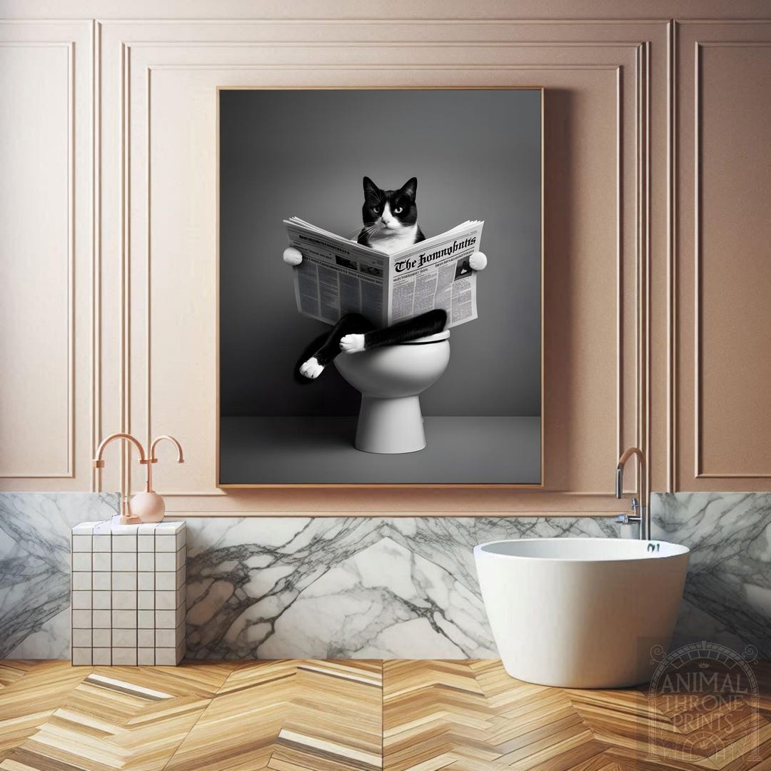 Funny Tuxedo Cat Bathroom Print: Quirky Toilet Newspaper Art (digital ...