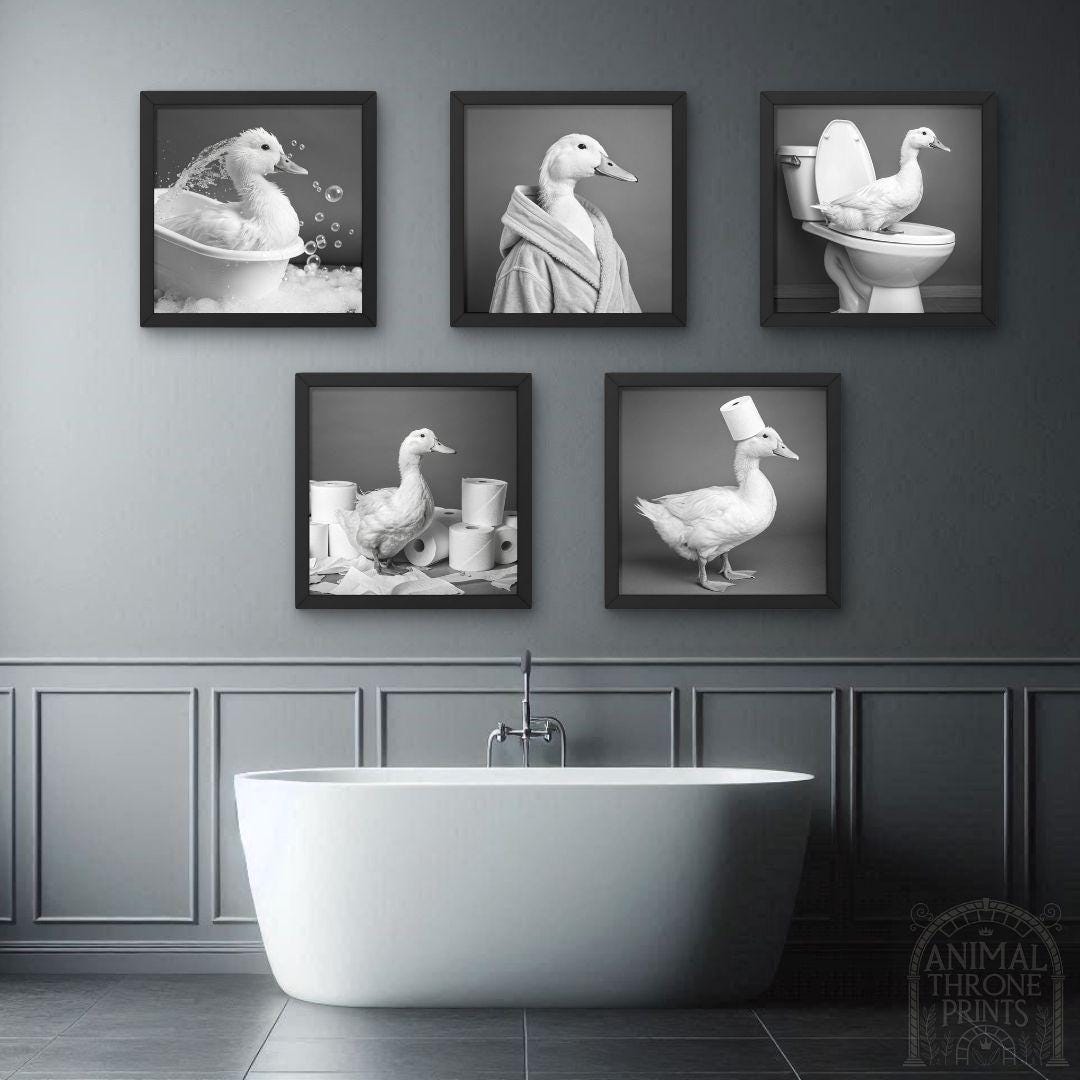 Cute White Duck Print, Funny Duck in Bathrobe, Bathroom Wall Art ...