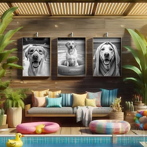 May include: Three framed black and white dog portraits hang above a wooden outdoor sofa with colourful cushions. A pool with a yellow duck float and pink and rainbow pool floats are in the foreground. The dog portraits show a dog wearing goggles, in a float, and wrapped in a towel.