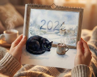 2026 Cat Calendar – Watercolor Black Cat 12 Month Calendar, Christmas Cat Gift, Travel Aesthetic Cat Art Print, Cute Cat Gift Dopamine Decor