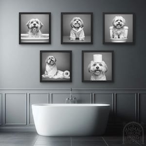 Lhasa Apso Bathroom Wall Art Bundle – 5 Funny Dog Prints for Bathroom Decor | Quirky Dog Lover Gift | Ensuite & Bathroom Artwork Pet Art