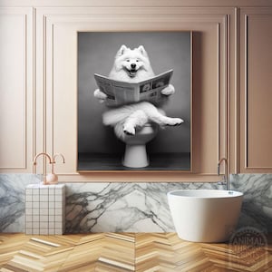 Funny Samoyed Bathroom Wall Art, Samoyed Reading Newspaper on a Toilet, Quirky Digital Download, Hilarious Dog Print for Home Decor, Pet Art