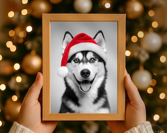 Christmas Husky Print – Dog in Santa Hat – Holiday Pet Decor – Winter Dog Poster – Digital Download Gift Wall Art