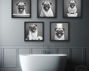 Funny Pug Bathroom Art Bundle – 5 Digital Prints – Pug in Bath, Pug on Toilet, Pug Holding Toilet Paper – Cute Dog Wall Decor Pug Pet Print