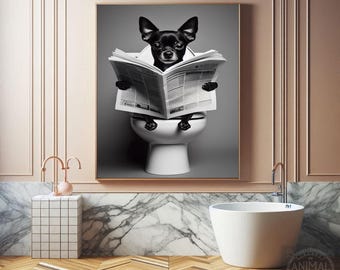 Funny Chihuahua Bathroom Print: Reading Newspaper on Toilet (Digital Download)