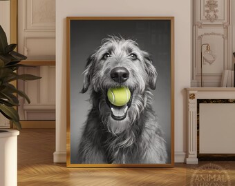 Könnte beinhalten: Gerahmter Schwarz-Weiß-Druck eines Hundes mit einem Tennisball im Maul. Der Hund hat langes, zotteliges Fell und einen fröhlichen Gesichtsausdruck. Der Tennisball ist leuchtend gelb und hebt sich vom Rest des Bildes ab.