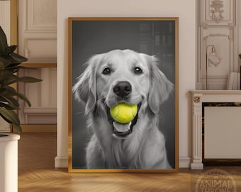 Rolig väggtavla med golden retriever – hund med tennisboll – lekfullt husdjurstryck för hundälskare – digital nedladdning affischdekor