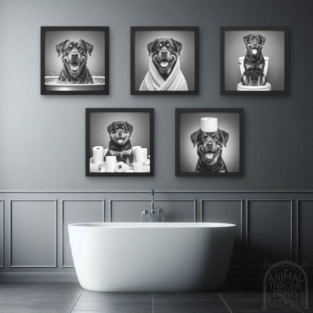 Rottweiler Bathroom Wall Art Bundle of 5 – Funny Dog in Bath, Bathrobe ...