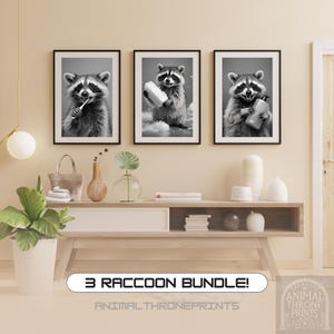 Funny Raccoon Wall Art Bundle Bathroom, 3 Printable Animal Decor Prints, Raccoon Brushing Teeth, Animals Washing Hands, Ensuite Decor, Art