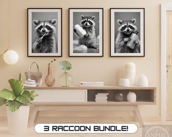 Funny Raccoon Bathroom Art Prints: Whimsical Animal Decor (Digital Download Bundle of 3