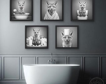 Láminas artísticas de zorros divertidos para el baño: Decoración de animales del bosque (Descarga digital)