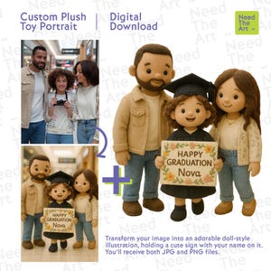 Custom Plush Doll Style Portrait from Photo | Personalized Digital Illustration Gift | Graduation, Kids & Family Cartoon Drawing