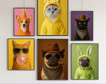 May include: Six framed pet portraits featuring animals in costumes. A dog in a carrot costume, a cat in a duck costume, and a black cat in a cowboy hat. Also, a cat with sunglasses blowing a bubble, a pug with a cigar, and a pug in a bunny costume. Text: Buy 3, Get 1 Free!