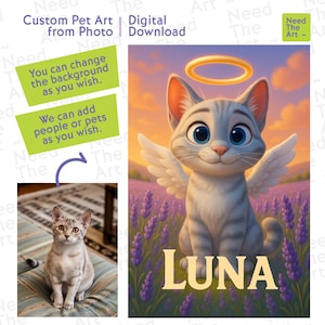 Pet Memorial Cartoon Portrait, Custom Angel Pet Art from Photo, Personalized Dog or Cat Tribute, Digital Pet Loss Wall Art Gift