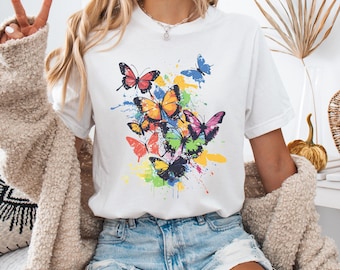 Camiseta de mariposas de colores, camiseta unisex, camiseta de mariposas, regalo para amantes de la naturaleza, camiseta de manga corta