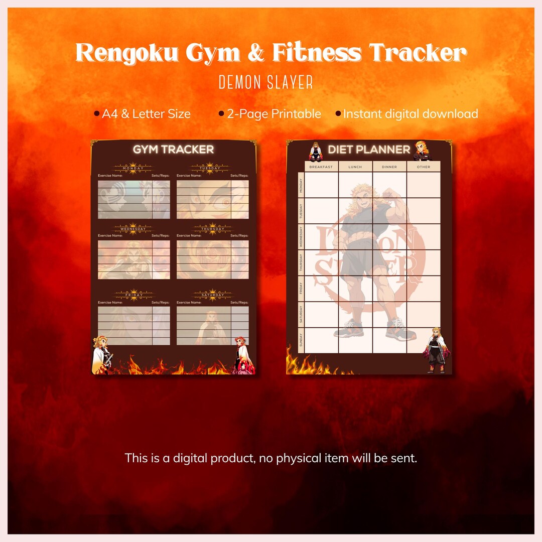 Rengoku Gym & Fitness Tracker | Demon Slayer Inspired Printable | A4