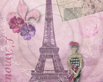 Deconstructing Paris Collage  No.1 L'Amour Eiffel Tower Pink and Black Digital Instant Download for ATC's, ACEO, charms, jewelry, hang tags