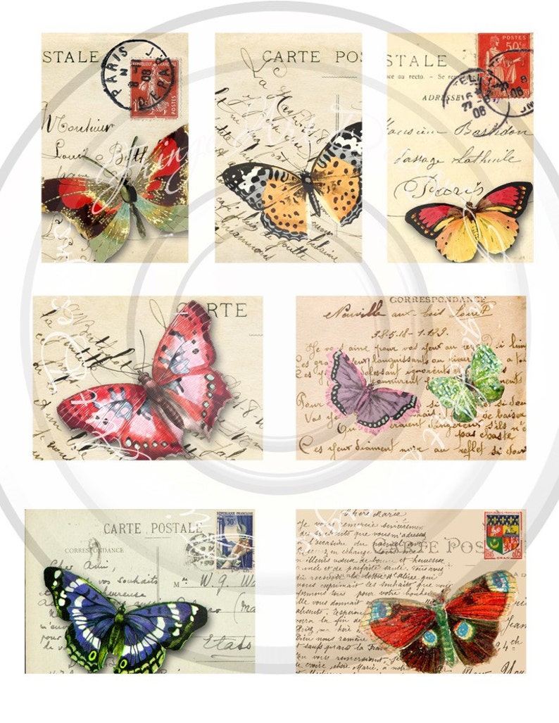 Butterflies on Vintage French Postcards Digital Instant Etsy