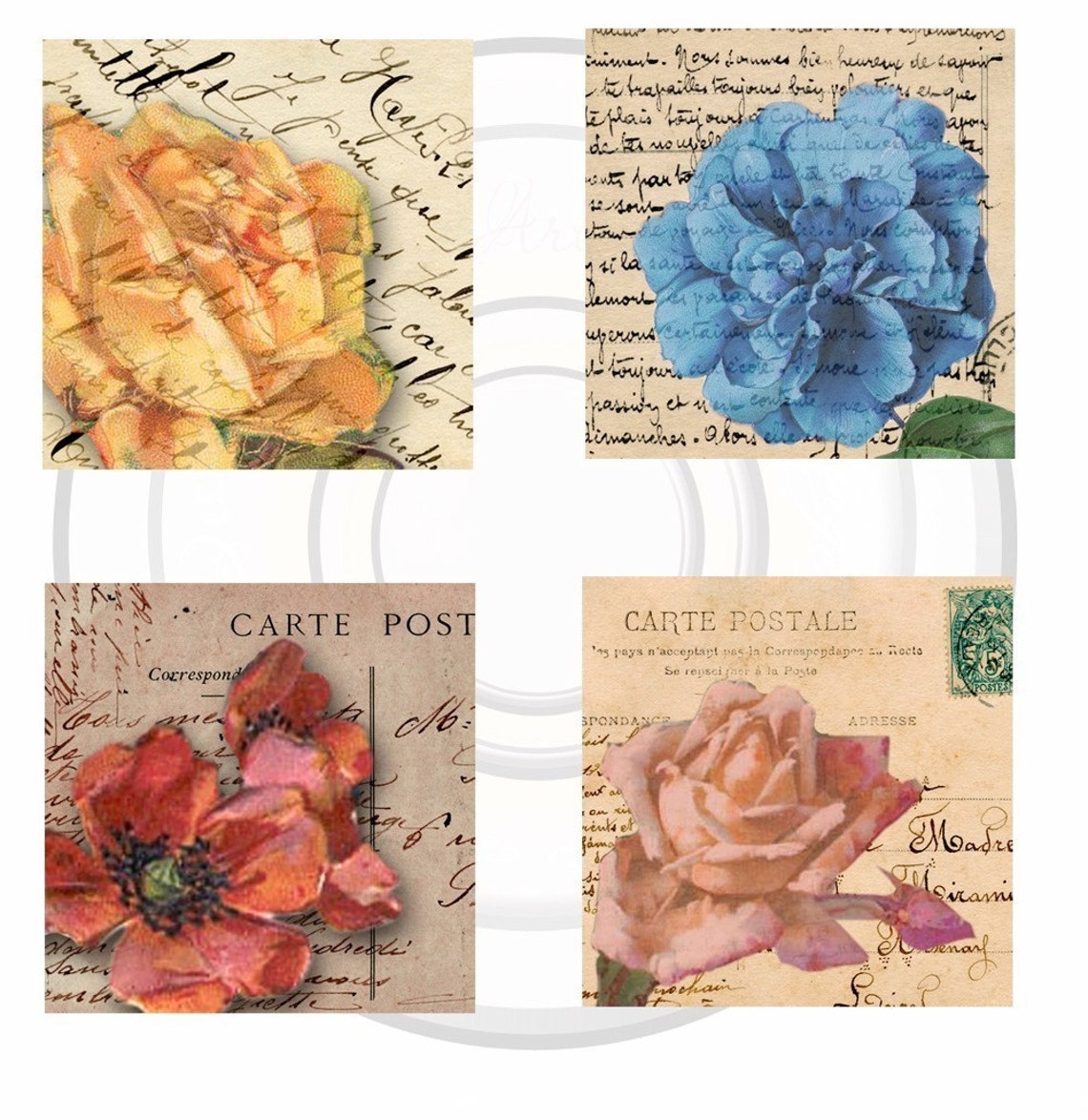 Flowers With Vintage French Postcards Instant Digital Download for Atcs ...