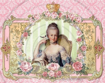 Marie Antoinette French Digital Collage Damask & Roses Instant Download for notecards, ACEO's, hang tags, backgrounds
