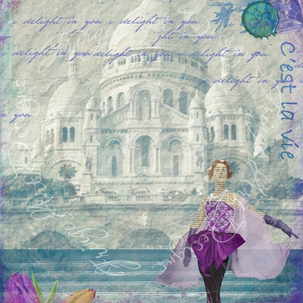 Deconstructing Paris Collage No. 2  C'est La Vie Digital Collage Instant Download Sacre Coeur Cathedral  for  Scrapbooking,  Decoupage