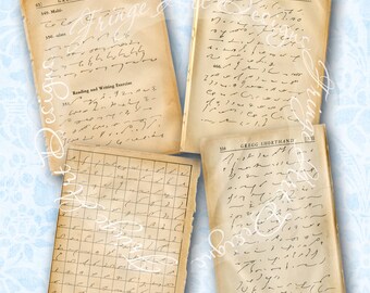 Gregg steno Set van 4 Vintage pagina's Ephemera digitale Instant Download voor Scrapbooking, Collage, ACEOs, Assemblage, achtergrond papier