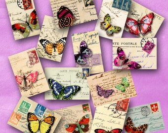 Butterflies on Vintage French Postcards Digital Instant Download for ATCs, ACEOs, Notecards, Collage