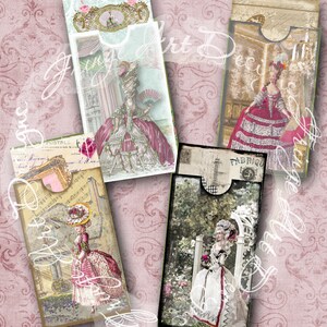 Marie Antoinette Envelope Pockets and inserts  Set of 4 Digital Collage Sheets Ephemera, Junk Journal Tags. Scrapbook, Books