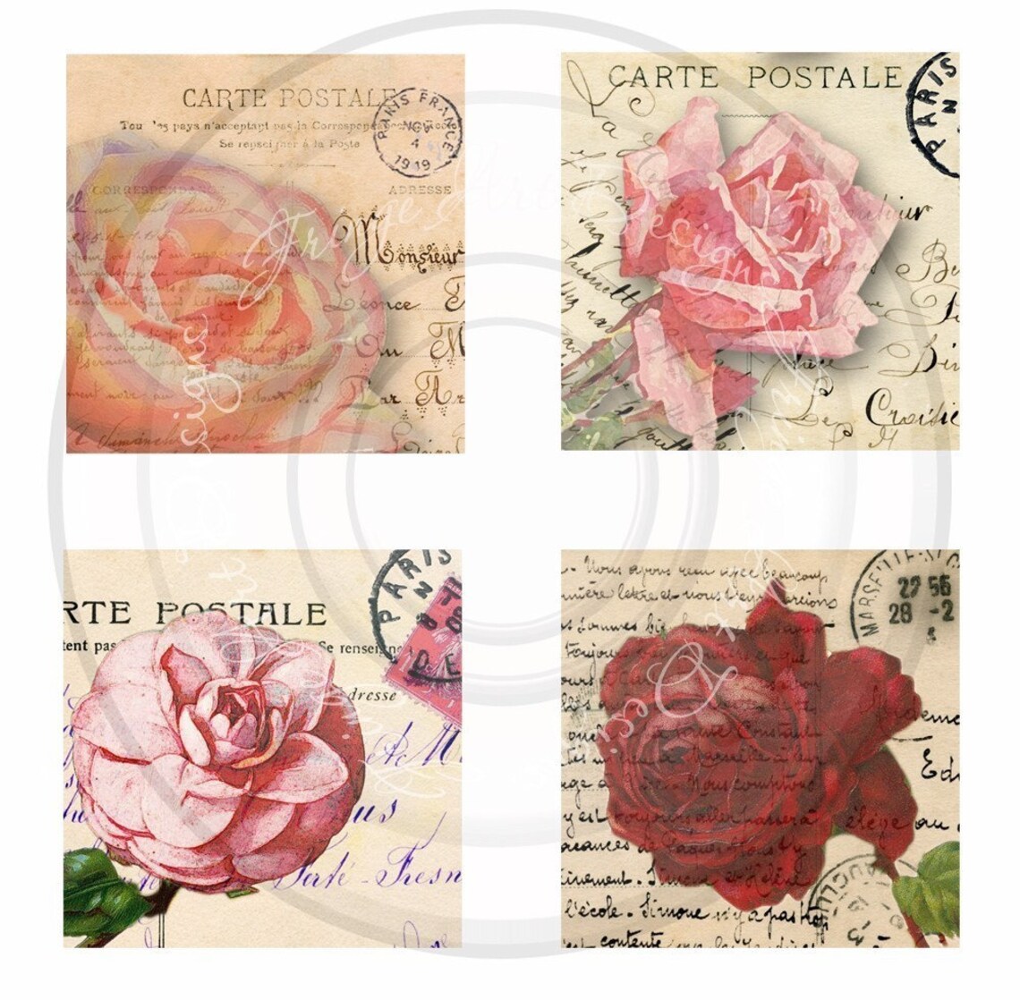 Flowers With Vintage French Postcards Instant Digital Download for Atcs ...
