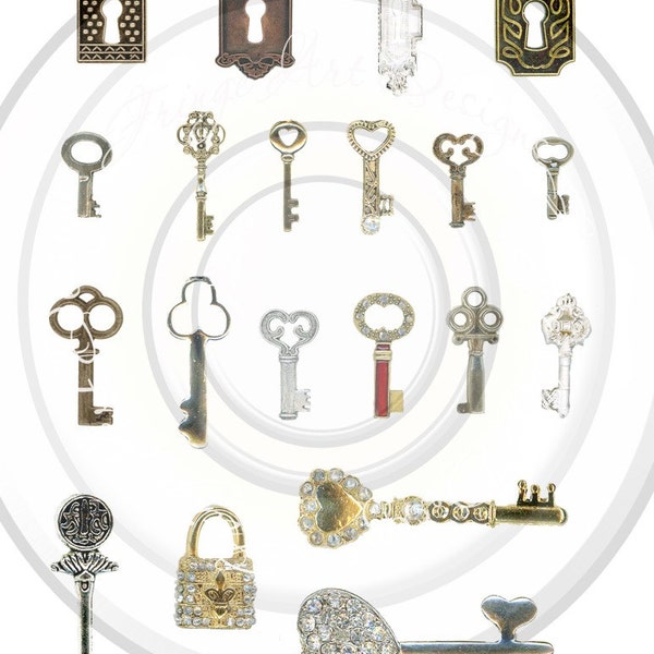 Skeleton Keys & Locks Rhinestone Fancy Digital Instant Download for ATCs, ACEO's, scrapbooking, Hang Tags, Collage