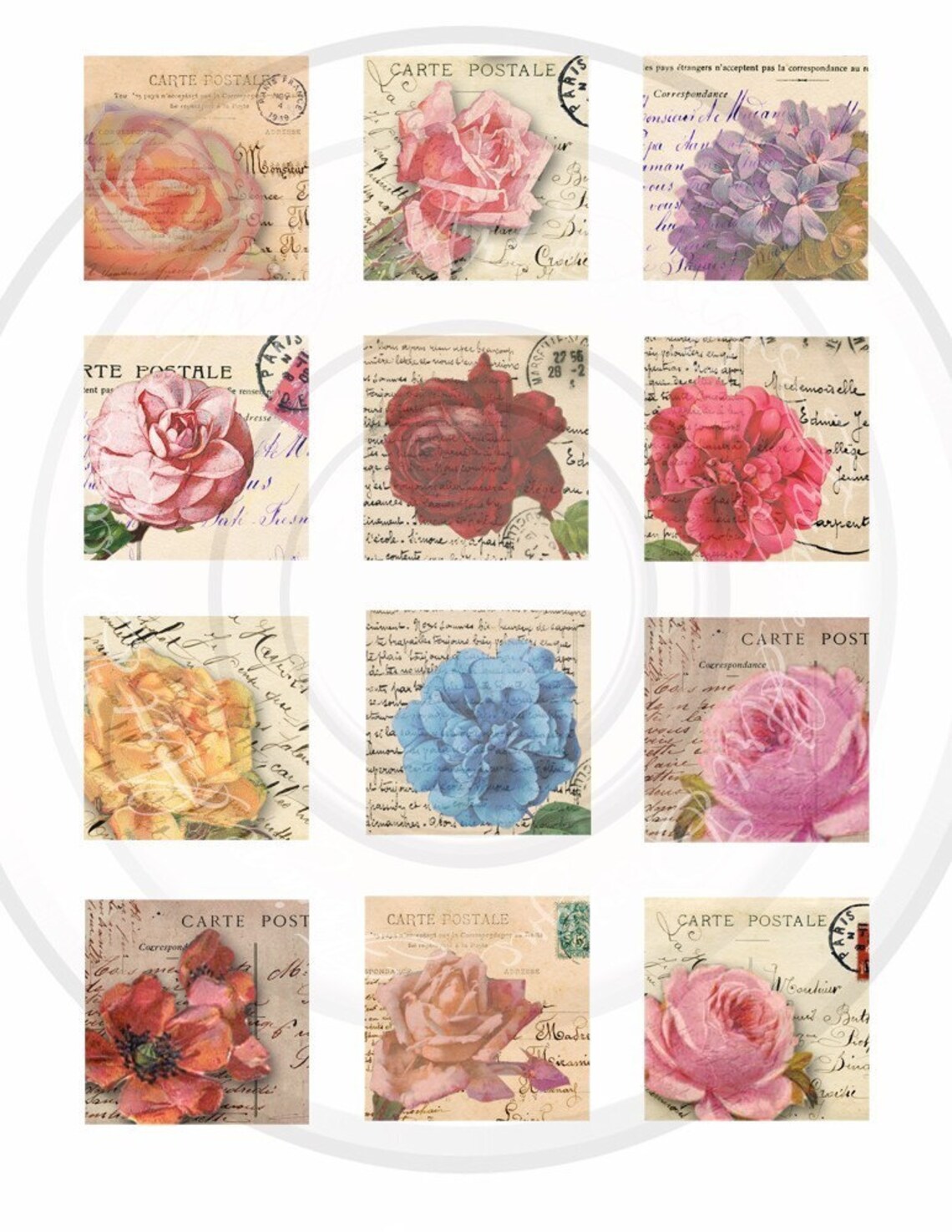 Flowers With Vintage French Postcards Instant Digital Download for Atcs ...